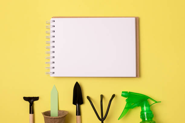 istock Gardening Tools on Spring Yellow Background Tool Concept Pots Shovel Rake Sprayer Flat Lay Place for Text 1370919816