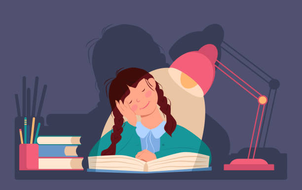 Little girl fell asleep in the evening at the table over a book. Schoolgirl is tired. Lamp is standing nearby on the table. Little girl fell asleep in the evening at the table over a book. Schoolgirl is tired. Lamp is standing nearby on the table. Vector illustration in flat style bored children stock illustrations