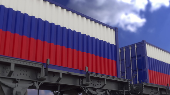 Containers with the flag of Russia. Railway transportation. 3d rendering.