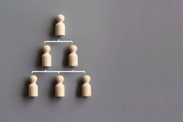 Company hierarchical organizational chart Company hierarchical organizational chart using wooden dolls on grey background with copy space. corporate hierarchy stock pictures, royalty-free photos & images
