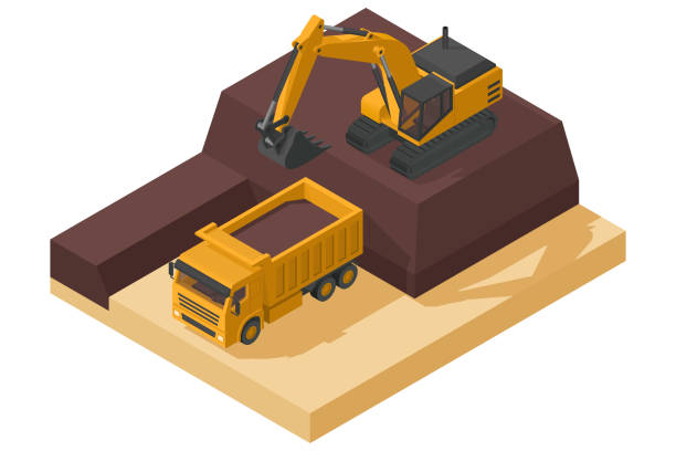 yellow heavy machinery with dump truck and isometric excavator working on a construction site yellow heavy machinery with dump truck and isometric excavator working on a construction site mark goodson screening room stock illustrations