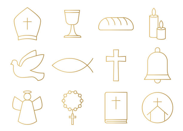 set of golden christian, catholic religion icons; bishop hat, chalice, bread, candles, dove, cross, bell, angel, rosary, bible, church- vector illustration - efkaristiya stock illustrations