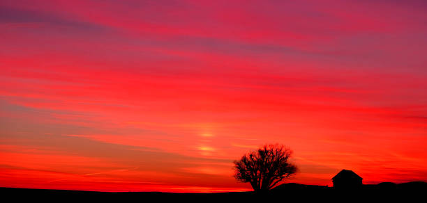 old house homestead und baum im winter sonnenuntergang silhouette - city of sunrise sunrise tree sky stock-fotos und bilder