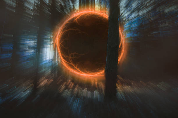 Magical burning portal in the forest, science fiction illustration stock photo