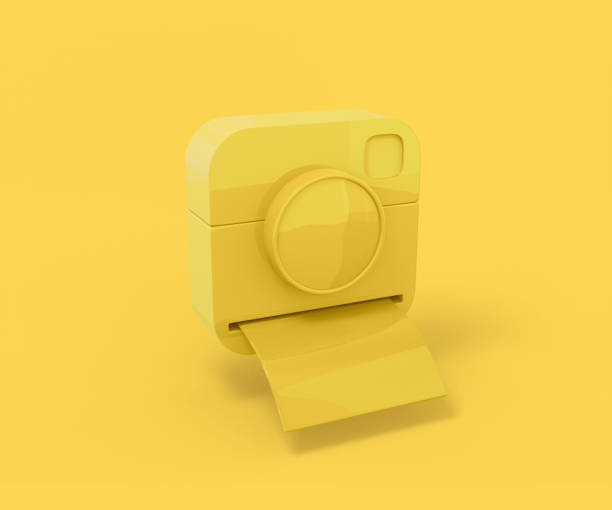 istock Yellow camera with instant photo on a yellow background. Minimalistic design object. 3d rendering icon ui ux interface element. 1370928454