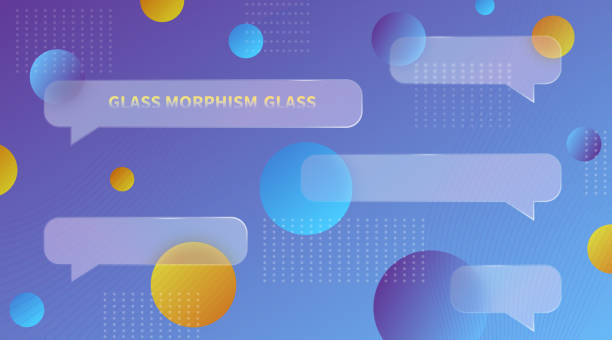 Chat dialog boxes in glass morphism effect style. Transparent frosted acrylic speech bubble on color gradient circles Realistic glassmorphism matte plexiglass message shapes. Vector vector art illustration