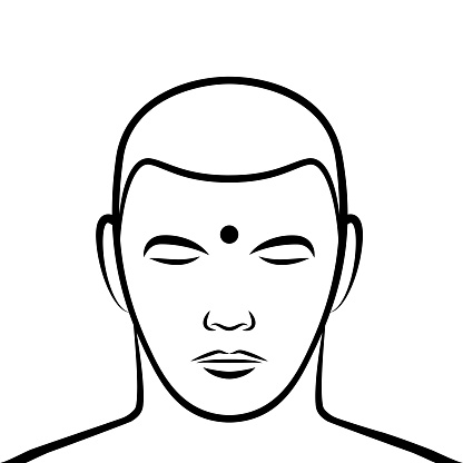 Urna, third eye symbol on a forehead. In Buddhist art and culture, a circular dot or spiral, placed on the forehead, as an auspicious mark, symbolizing the third eye and the Ajna, Agya or Brow chakra.