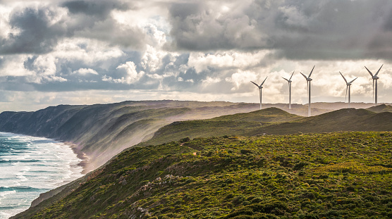 Wind turbines located near the coast at Albany Wind Farm in Western Australia.