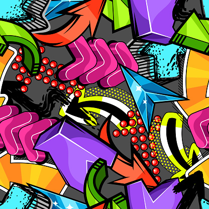 Seamless pattern with abstract graffiti arrows. Cartoon teenage creative image. Fashion illustration in modern style.