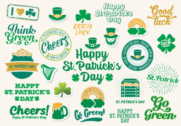 ilustraciones, imágenes clip art, dibujos animados e iconos de stock de colección de etiquetas e iconos del día de san patricio - st patricks day clover four leaf clover irish culture