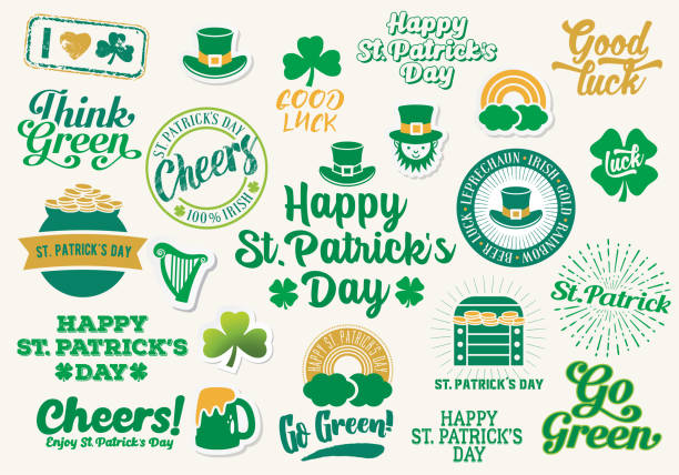 коллекция этикеток и икон ко дню святого патрика - st patricks day clover four leaf clover irish culture stock illustrations