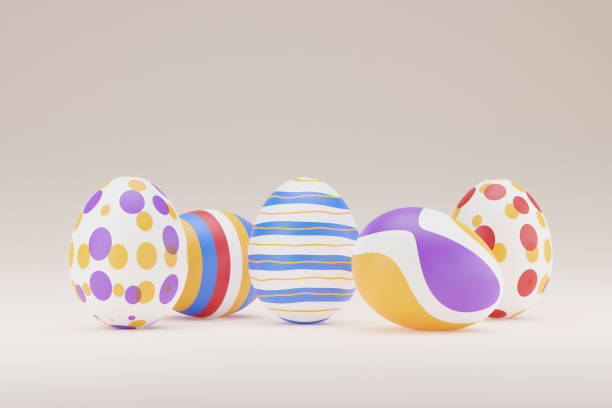 istock Set of colorful easter egg on beige background. Happy easter 3d render illustration banner. minimal holiday style design. 3d rendering. Natural creative composition render illustration 1370939980