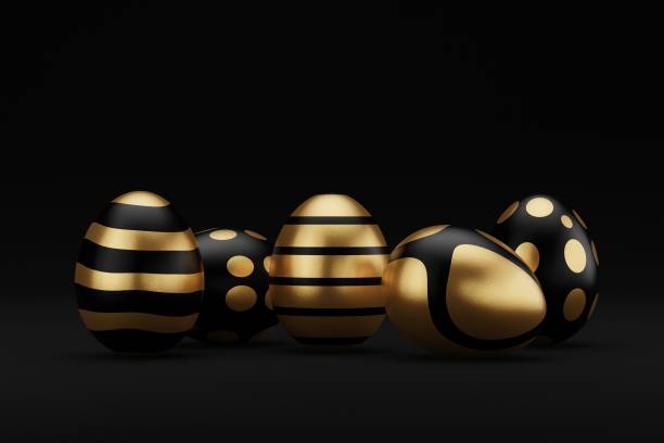 istock Set of golden easter egg on black background. Happy easter 3d render illustration banner. minimal holiday style design. 3d rendering. Natural creative composition render illustration 1370939990