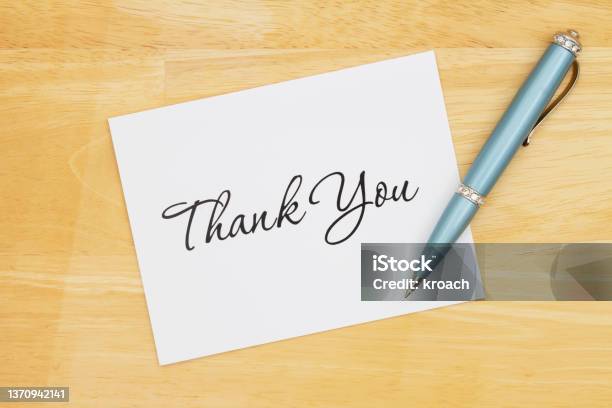 Thank You Note With A Pen On A Desk Stock Photo - Download Image Now - Thank You - Phrase, Note - Message, Greeting Card