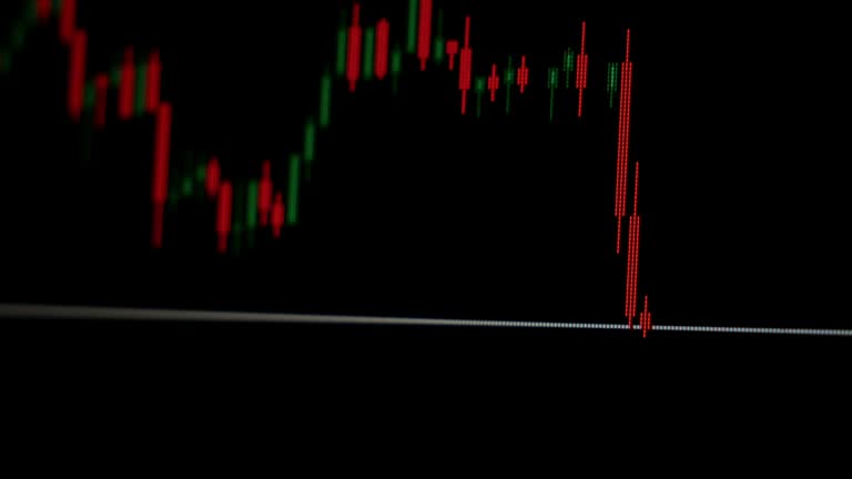 The collapse of prices on the stock chart on the screen on a black background. The concept of crisis in the stock market