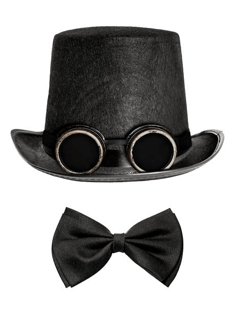 black felt hat with canned glasses and bow tie isolated on white background.