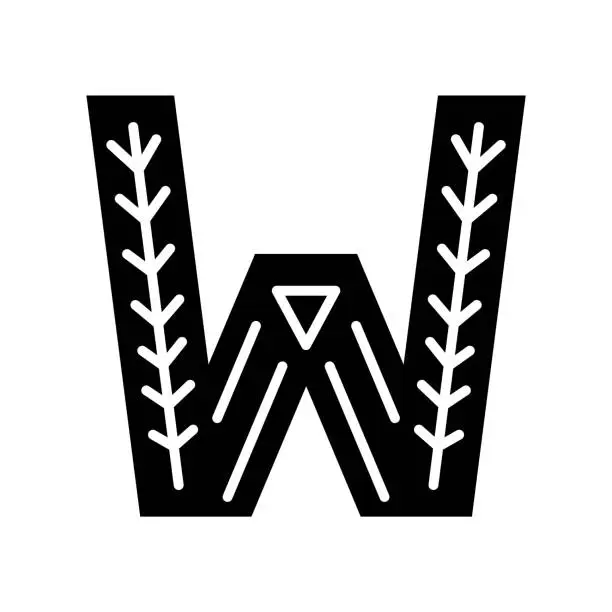 Vector illustration of Black and white Scandinavian ornate letter W. Folk font. Letter W in Scandinavian style.