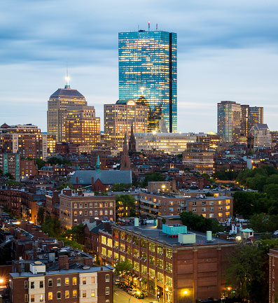 Aerial view of Boston in Massachusetts, USA showcasing its mix of contemporary and historic buildings.