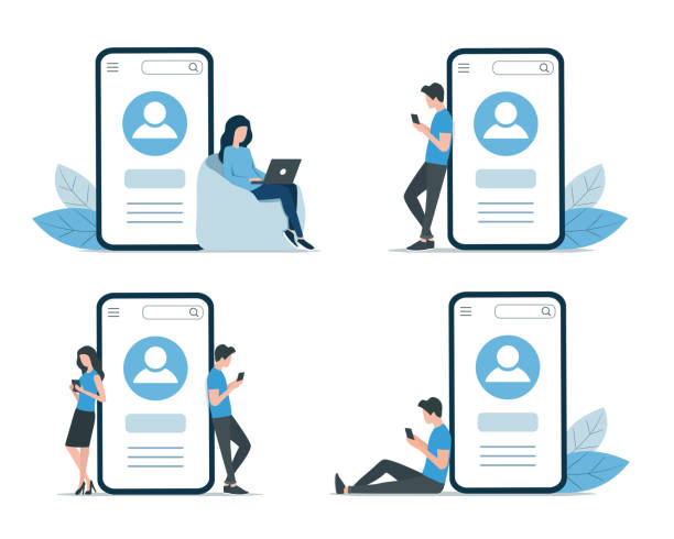 mobile applications People are using mobile applications. Colored vector flat illustration. Isolated on white background. user profile stock illustrations