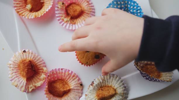 caucasian child kid girl picks up homemade muffin from plate with empty parchment paper muffin liners and chocolate chip cupcake leftovers from joyful party - happy slowmotion bildbanksfoton och bilder