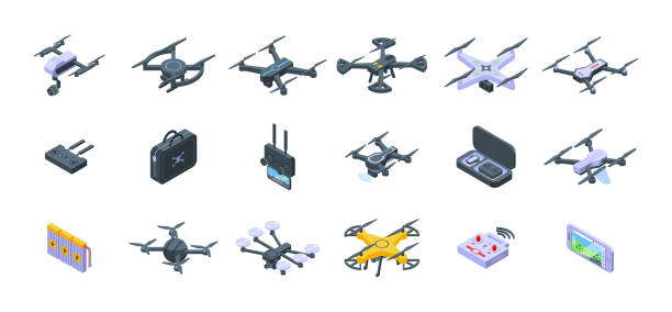 Aerial videography icons set isometric vector. Drone camera Aerial videography icons set isometric vector. Drone camera. Aero filming drone stock illustrations