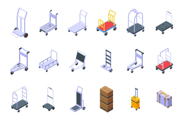 gepäckwagensymbole setzen isometrischen vektor. businesstasche - luggage cart stock-grafiken, -clipart, -cartoons und -symbole