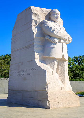 July 10, 2018: view of the iconic architecture of Washington DC in the USA at the Marting Luther King memorial with his statue standing fast.