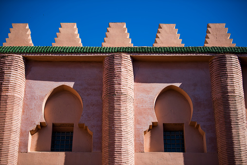 Marrakesh, Morocco - February 28, 2018: \nThe architecture of the old Medina district of Marrakech.
