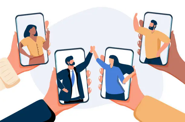 Vector illustration of human hands using mobile app for virtual conference meeting friends discussing during video call on smartphone screens.
