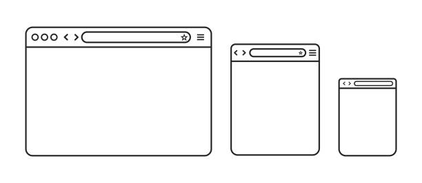 illustrations, cliparts, dessins animés et icônes de fenêtre du navigateur , maquette. maquettes de navigateur de ligne en stylet plat pour différents appareils . téléphone intelligent, tablette et ordinateur de bureau. maquette pour la conception de sites web. illustration vectorielle . 10 eps - laptop browser isolated web page