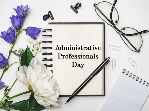 Photo of Happy Administrative Professionals Day. Greeting Card. Close-up