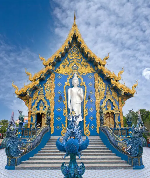 Panoramic view of Wat Rong Suea Ten, or Blue Temple in Thai Lanna style in Chiang Rai Province, Northern Thailand