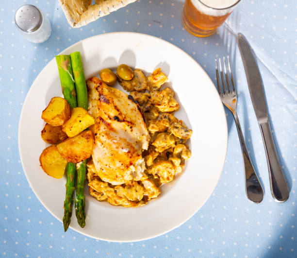 Baked chicken breast served with potatoes and mushrooms
