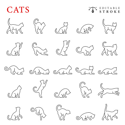 Cats line icon set. Editable stroke.