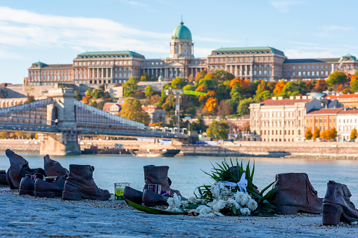 Budapest, Hungary - October 2021: Shoes on Danube embankment (Memorial to World War II victims)