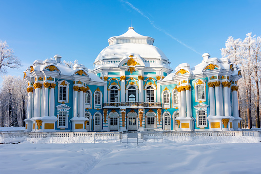 Saint Petersburg, Russia - February 2022: Hermitage pavilion in Catherine park in winter, Tsarskoe Selo (Pushkin)