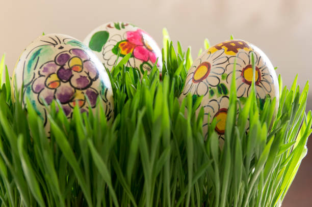 Colorful easter eggs in young growint green grass leaves, holidays decoration