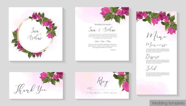 Tropical vector template for wedding invitation Tropical vector template for wedding invitation. Pink bougainvillea, golden frame, pink watercolor background. The set consists of an invitation card, thank you, rsvp, menu. bougainvillea stock illustrations