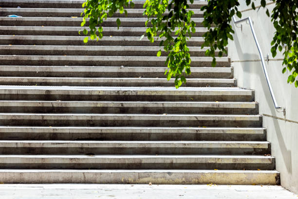Old dirty outdoor concrete steps in city, background with copy space, full frame horizontal composition