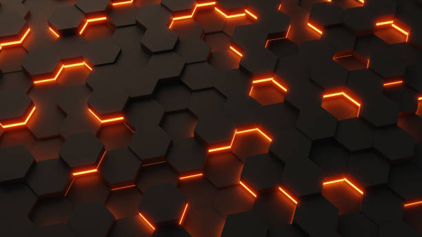 istock 3D Render of Futuristic Hexagon Shapes Orange 1370968953
