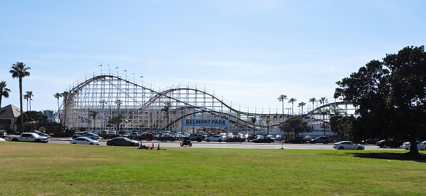 Wide angle view of the Mission Bay Belmont Park rollercoaster in San Diego, California on  May 05, 2018.