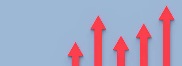 Red growing bars graphic with rising arrow, 3d render, progress way and forward achievement creative concept, 3d illustration.