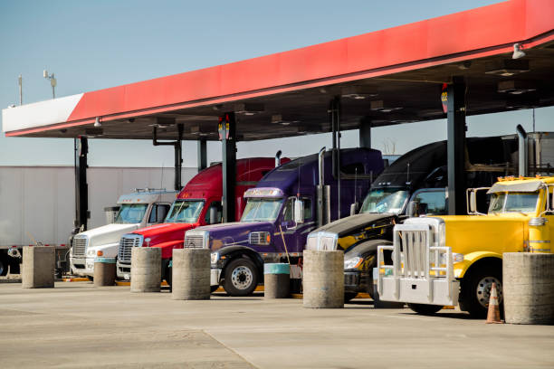 Trucks Filling up at Truck Stop, California, USA stock photo