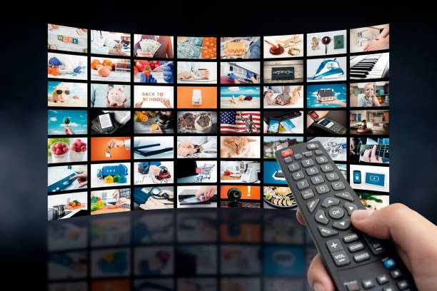 istock Multimedia video concept on media wall, TV stream 1370980761