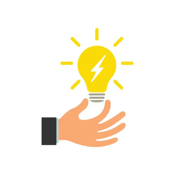 Vector illustration of Glowing light bulb in a businessman's hand. Hand with a light bulb. Idea concept and innovation. Illustration.
