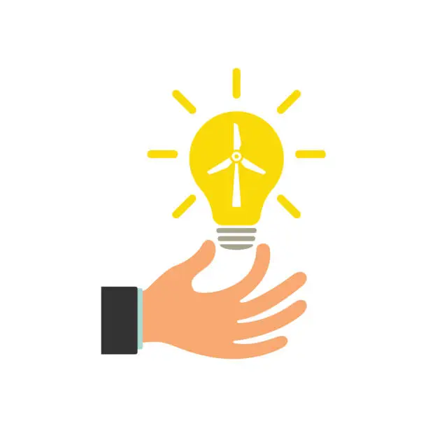 Vector illustration of Glowing light bulb in a businessman's hand. Green energy concept. Illustration.