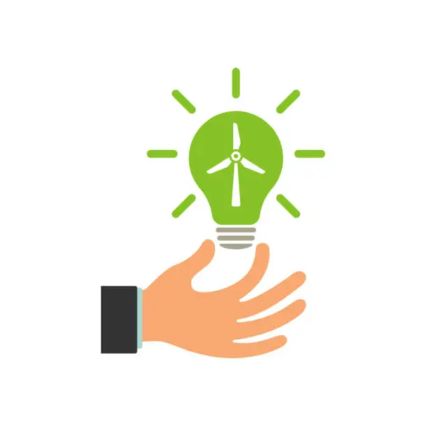 Vector illustration of Glowing light bulb in a businessman's hand. Green energy concept. Illustration.