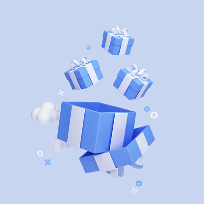 Blue open gift box with a bunch of presents. Birthday and holiday surprise. Present box for celebration. Banner template for promotion. 3D Rendering