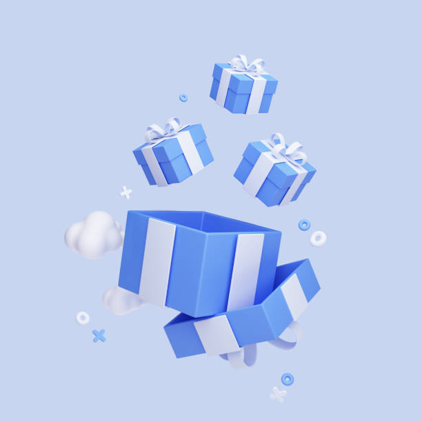 Blue open gift box with a bunch of presents. Birthday and holiday surprise. Present box for celebration. Banner template for promotion. 3D Rendering stock photo