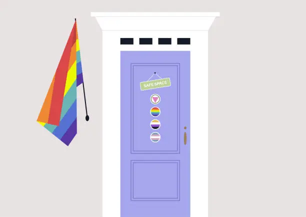 Vector illustration of LGBTQ friendly safe space, a door with a hanging sign and colorful stickers, a queer community support